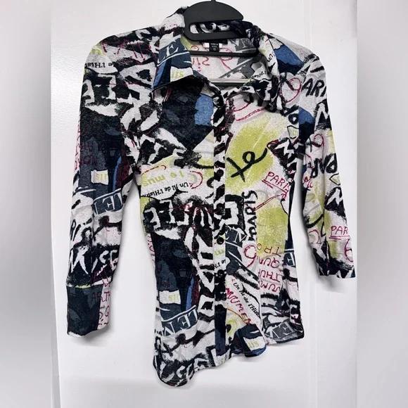 Bebe Vintage Y2K Multicolor Graffiti Mesh  Quarter Sleeve Too Button Up - Picture 4 of 6